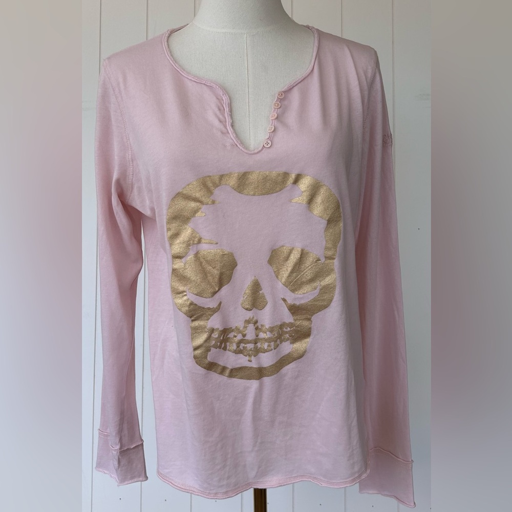 Zadig & Voltaire Women’s Pink with‎ Gold Skull Long Sleeve Tee Shirt Size Large